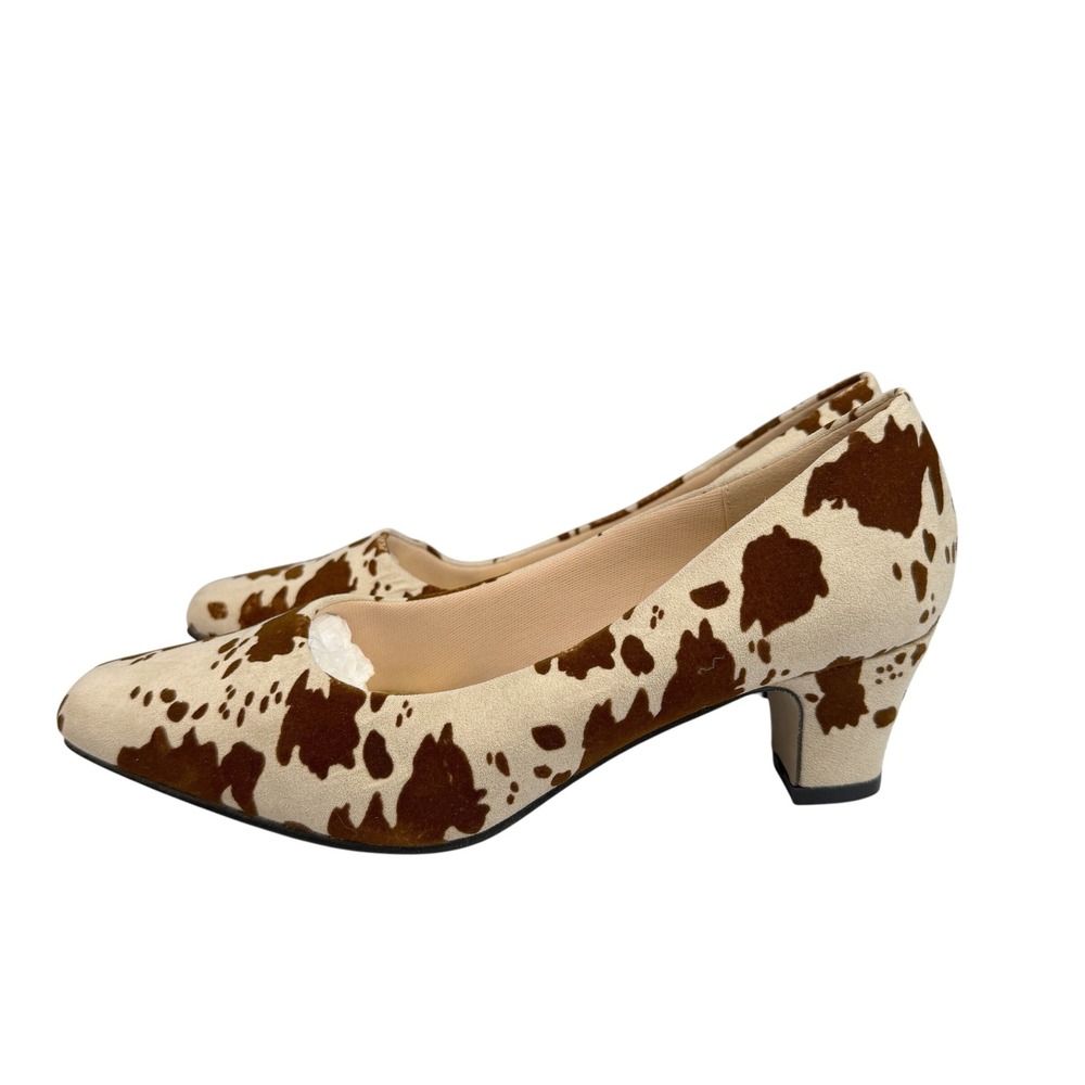 Pierre Dumas Cow Print Mid Heel‎ Pumps Size 9M Brown White Western Retro Shoes - Picture 9 of 9
